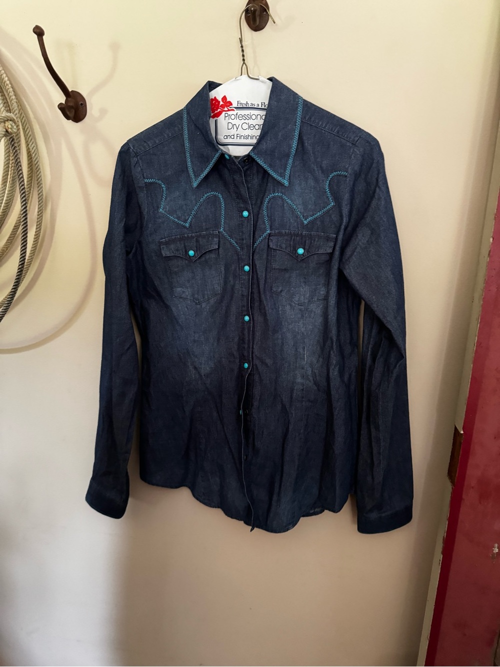 Roper Dark Blue Denim Shirt with Turquoise Accents